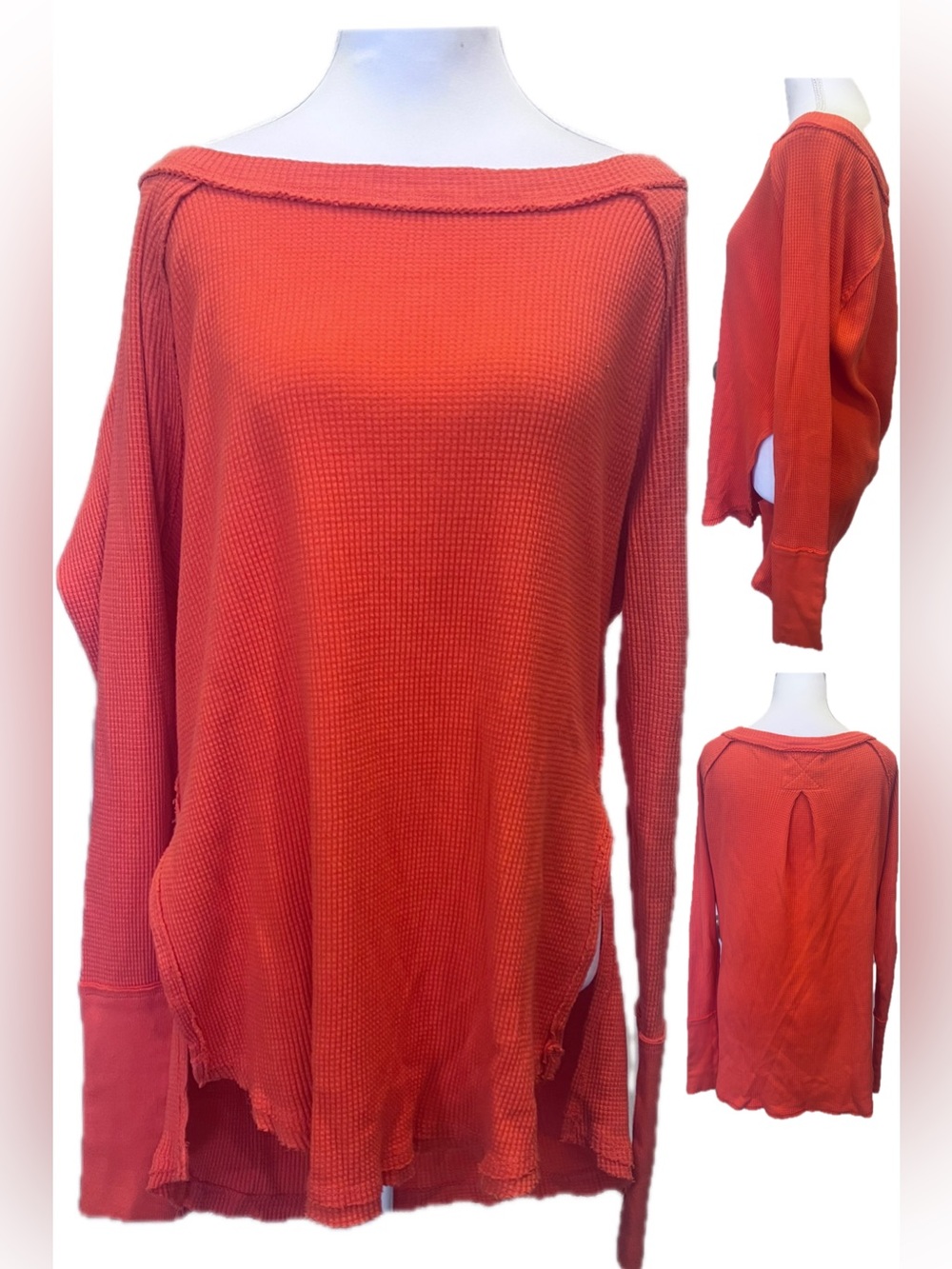 We The Free Off-the-Shoulder Waffle Knit Top Coral Red Orange Side Slits Small